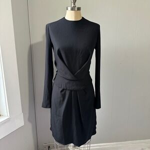 Carven Black Draped Crossover Waist Long Sleeve Mini Dress Size 36